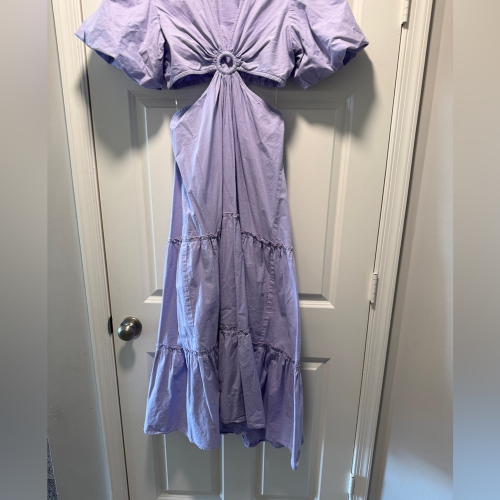 Lavender Tiered Maxi Dress with Front Ring & Puff Sleeve open back 100% cotton - Picture 6 of 13
